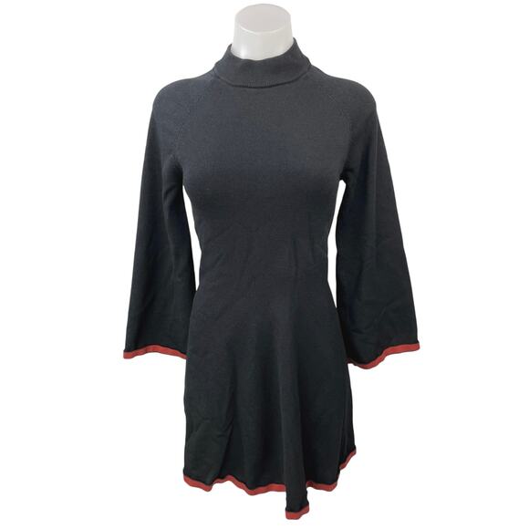 Sita Murt Black Mock Neck Long Bell Sleeve Fit & Flare A-Line Sweater Dress Sz 4 - Picture 1 of 5